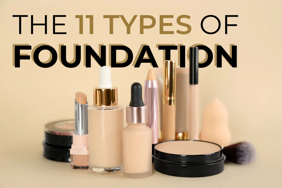 A variety of beige foundation products in different containers and finishes, showing unbranded foundation makeup.