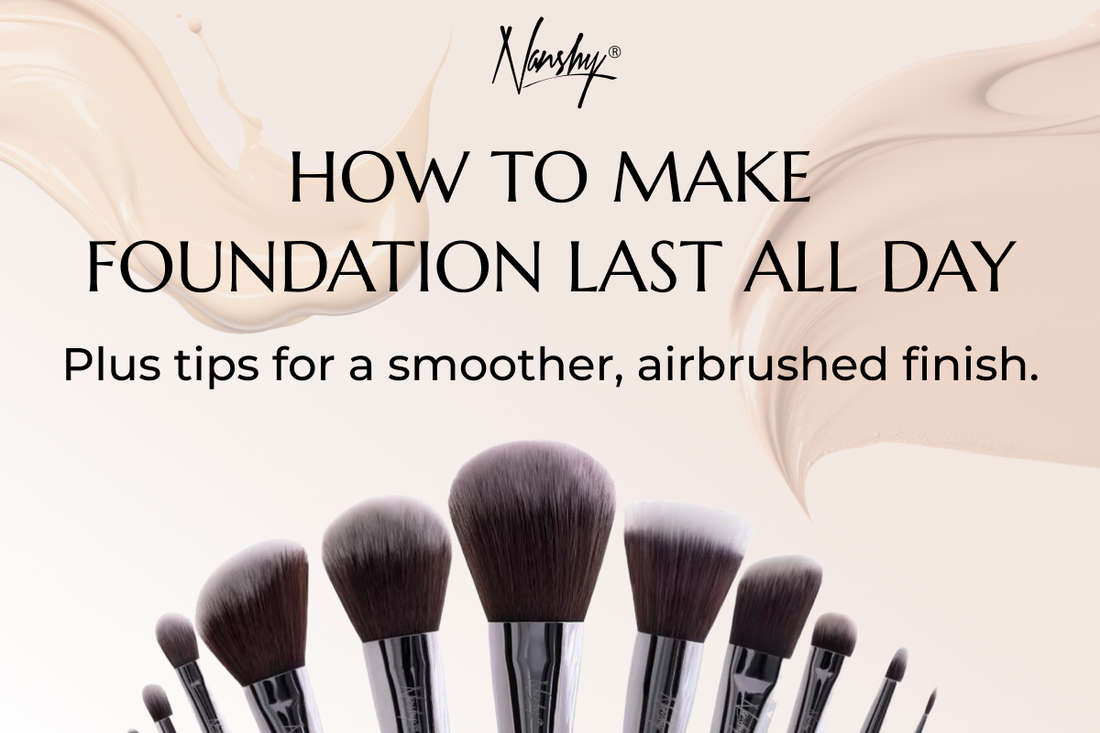 Image featuring a group of makeup brushes below the text: "HOW TO MAKE FOUNDATION LAST ALL DAY. Plus tips for a smoother, airbrushed finish."