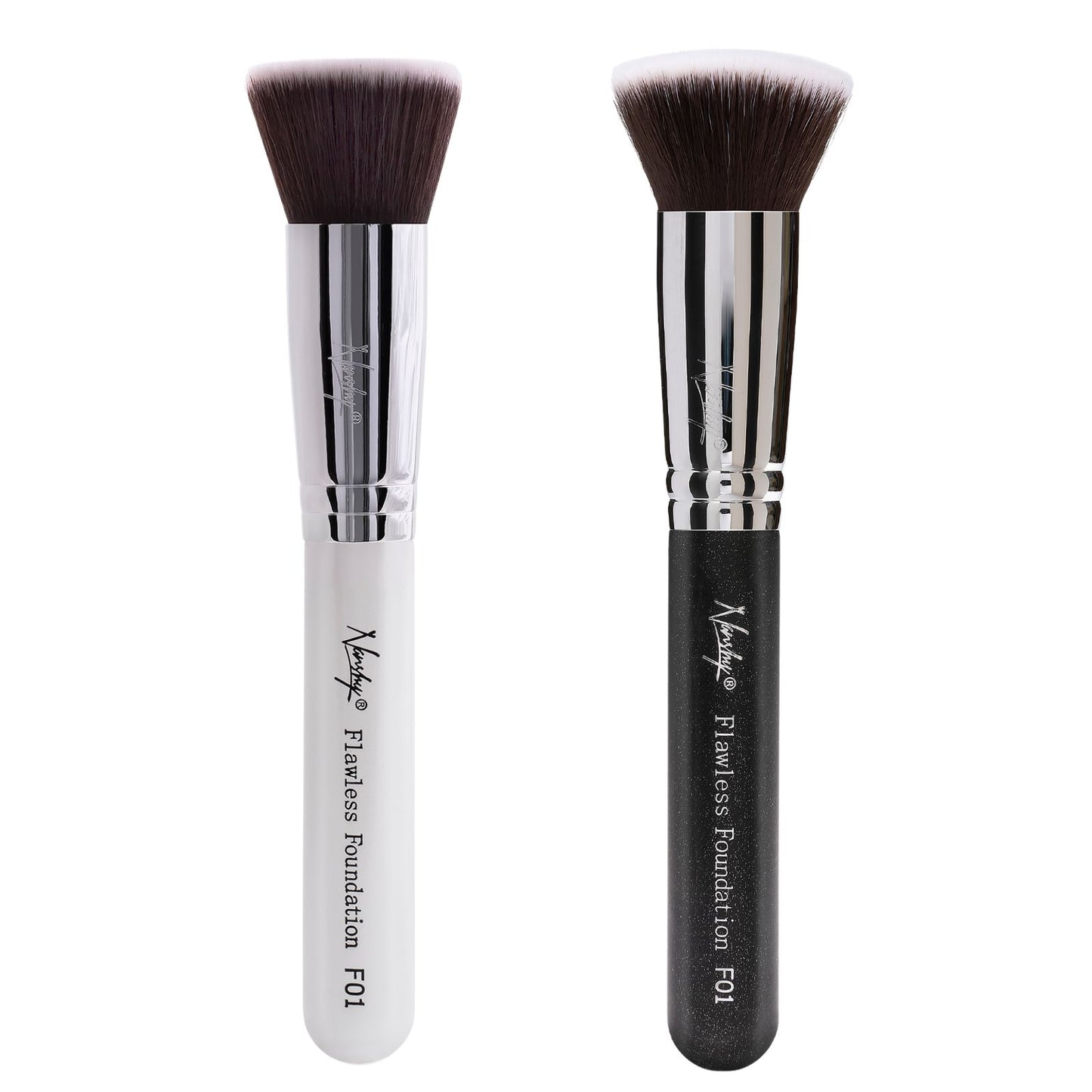Two Nanshy Flawless Foundation makeup brushes with dense, soft taklon bristles, one with a white handle and one with a black handle, featuring engraved brass ferrules.
