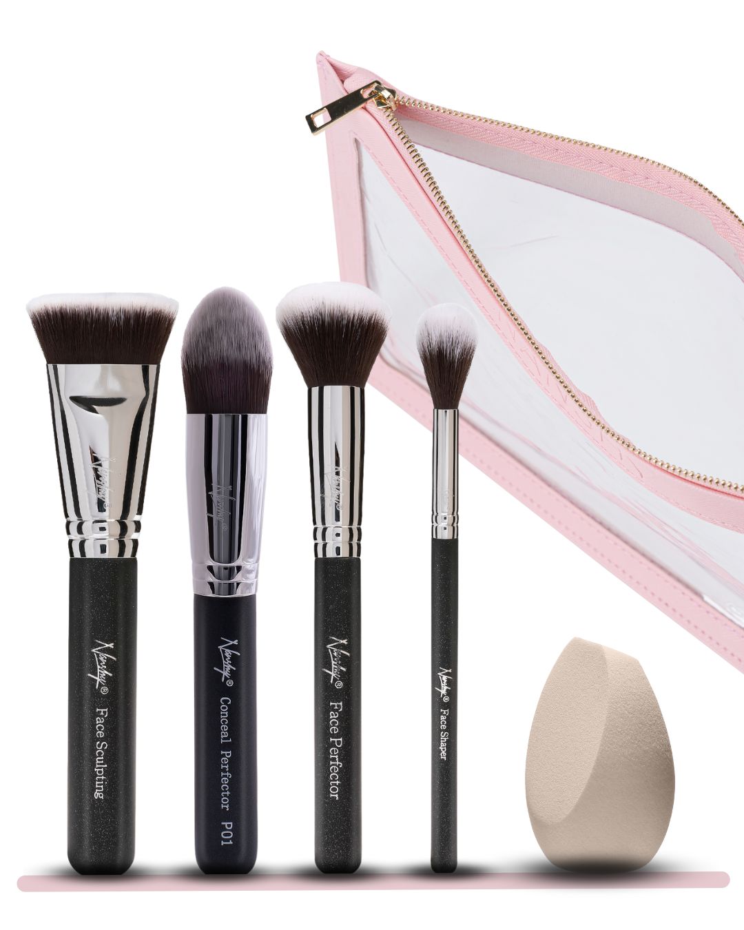 Nanshy Full Face Kit with 4 beech wood makeup brushes, a makeup sponge, and a pink cosmetic pouch, all arranged neatly.