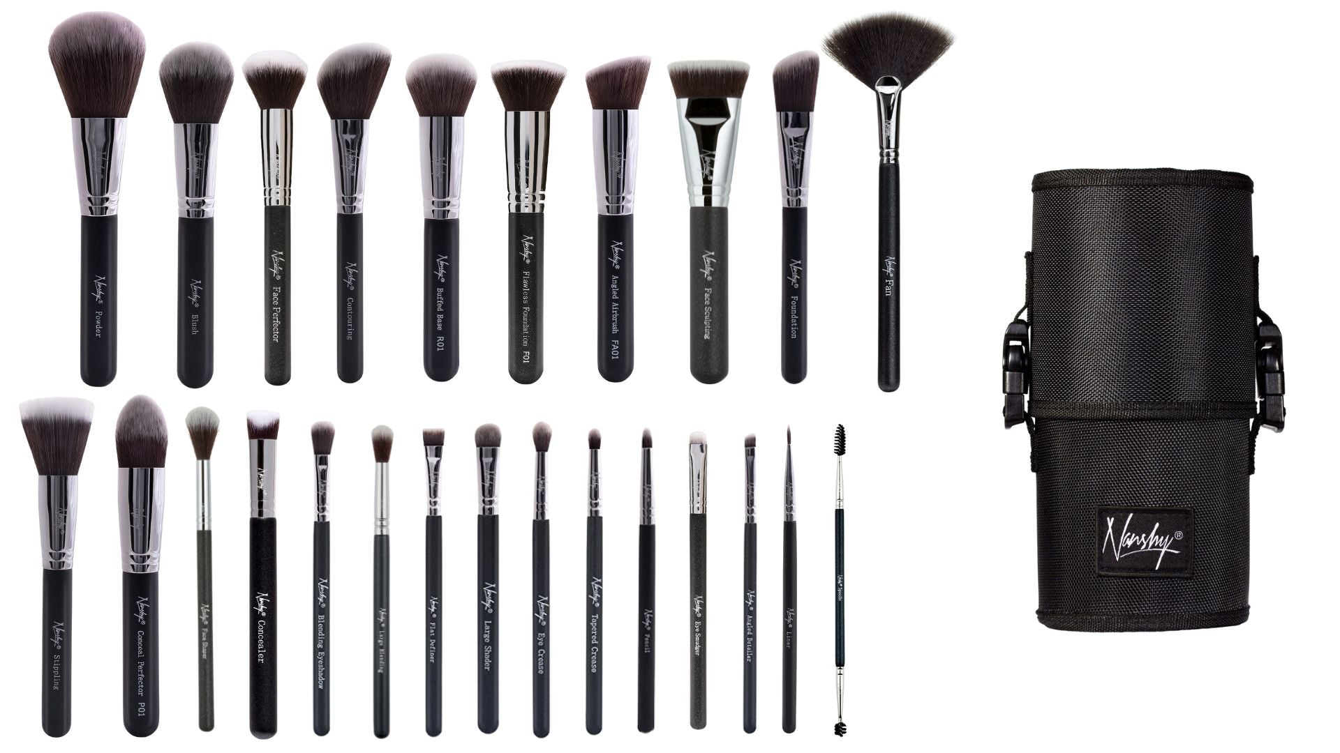 26 piece pro college makeup brush kit with black handles and a convenient roll-up case, perfect for any makeup enthusiast!