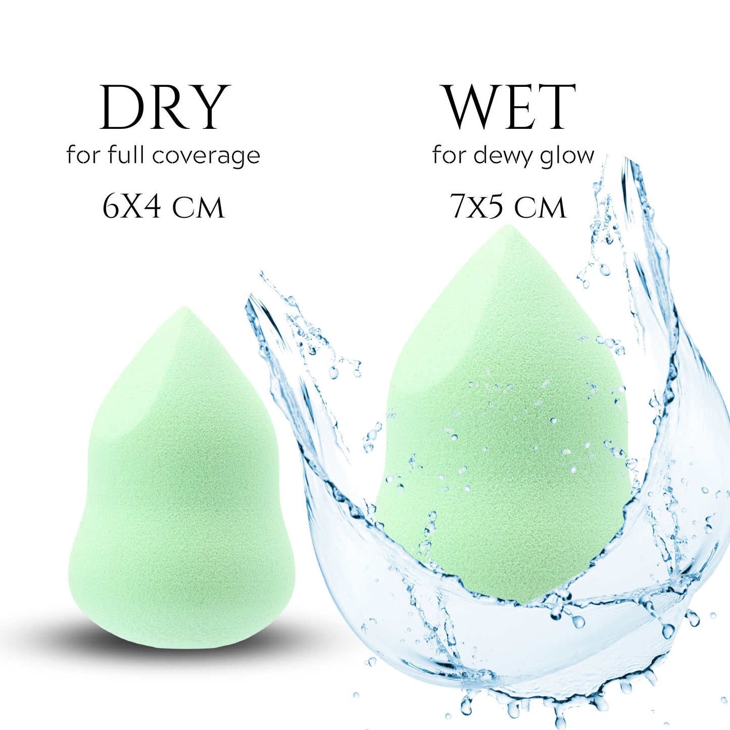 Mint green 4-in-1 Marvel Makeup Blending Sponge shown dry for full coverage and wet for dewy glow, with dimensions 6x4 cm and 7x5 cm respectively.