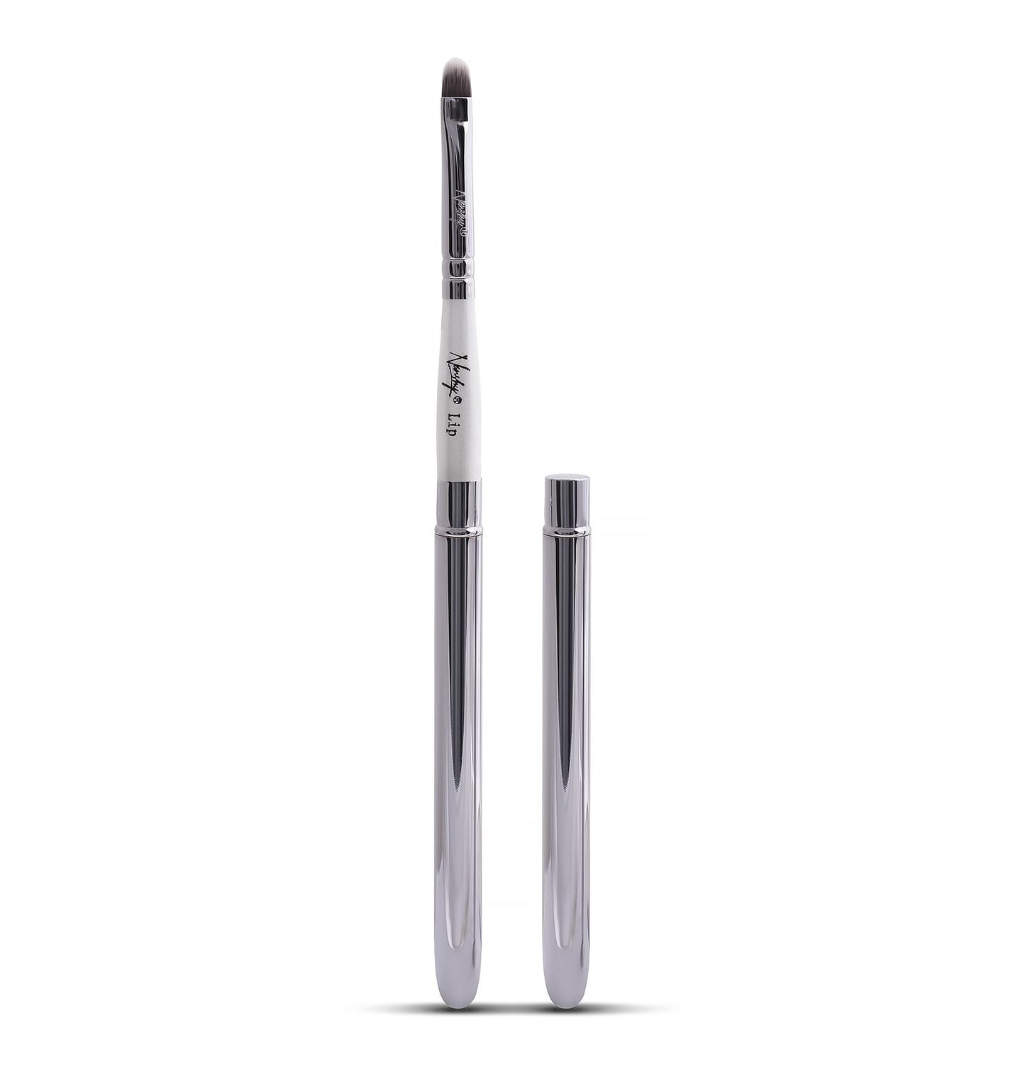 Elegant and sleek lip makeup brush with pearl-coated handle and protective cap.