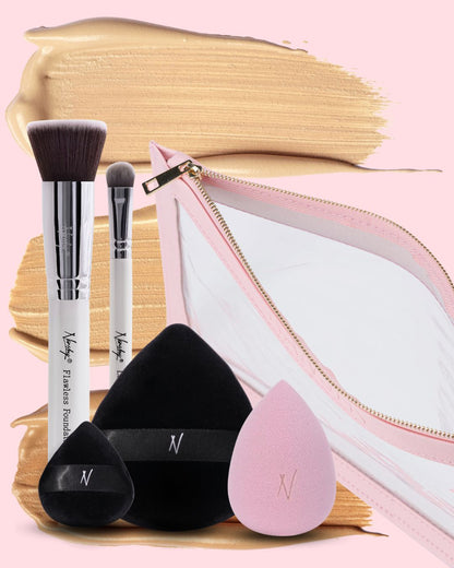 Flawless Complexion Kit Pink includes makeup sponge, powder puff, foundation brush, concealer brush, and clear cosmetic pouch on beige makeup background.