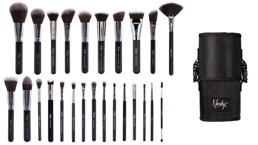 26 piece pro college makeup brush kit with black handles and a convenient roll-up case, perfect for any makeup enthusiast!