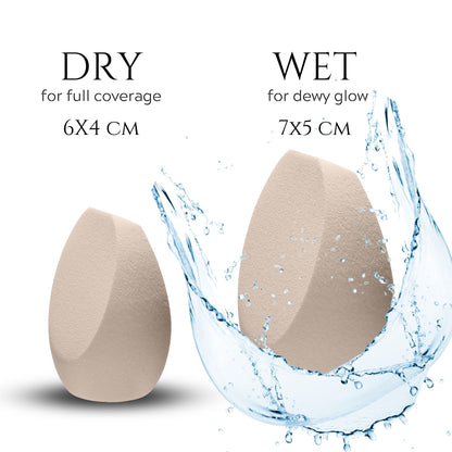 Two beige multi-dimensional makeup blending sponges; one dry for full coverage and another wet with water splashing for a dewy glow.