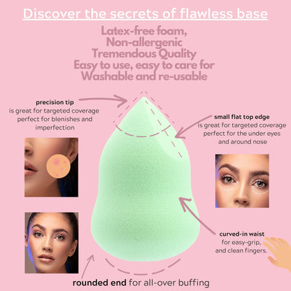 Mint green 4-in-1 Marvel Makeup Blending Sponge with precision tip, small flat top edge, rounded end, and curved-in waist for easy grip, perfect for targeted coverage and blending all-over.