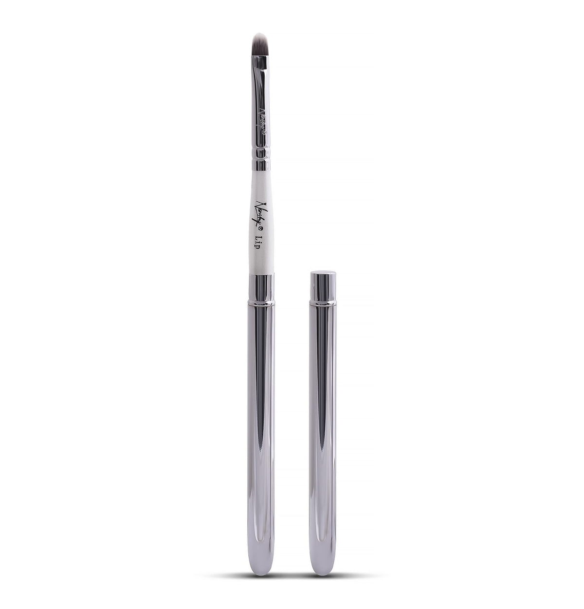 Elegant and sleek lip makeup brush with pearl-coated handle and protective cap.