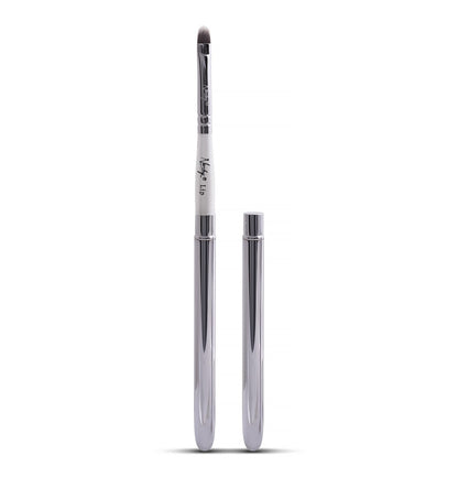 Elegant and sleek lip makeup brush with pearl-coated handle and protective cap.